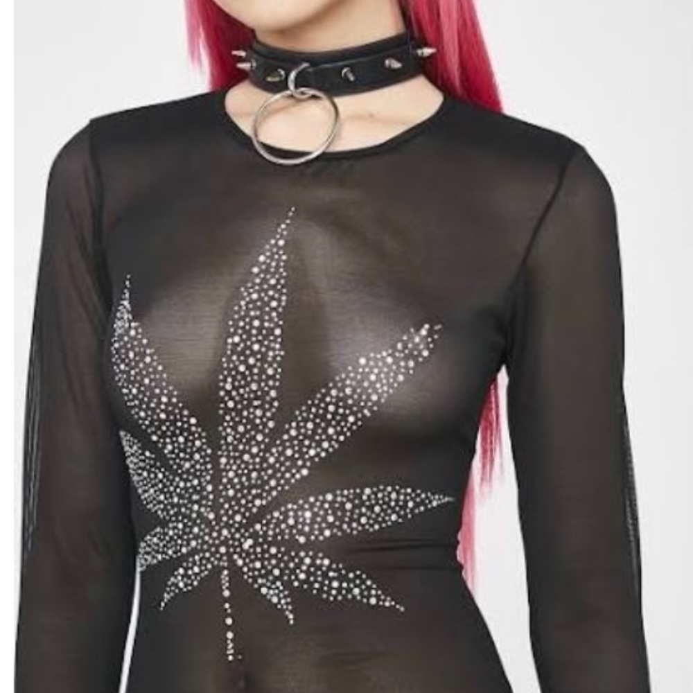 HIGH DEMAND Rhinestone Accent Mesh Bodysuit Medium - Picture 2 of 4